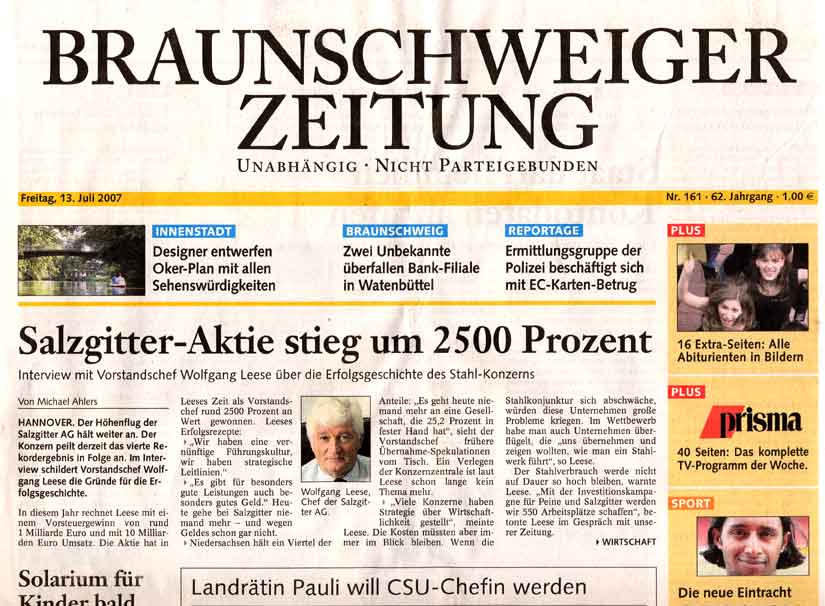 Titelblatt der Braunschweiger Zeitung
